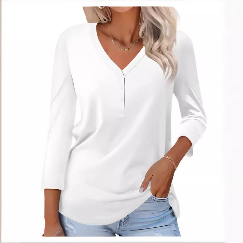 Women Plain V Neck Casual Long Sleeve T-shirt