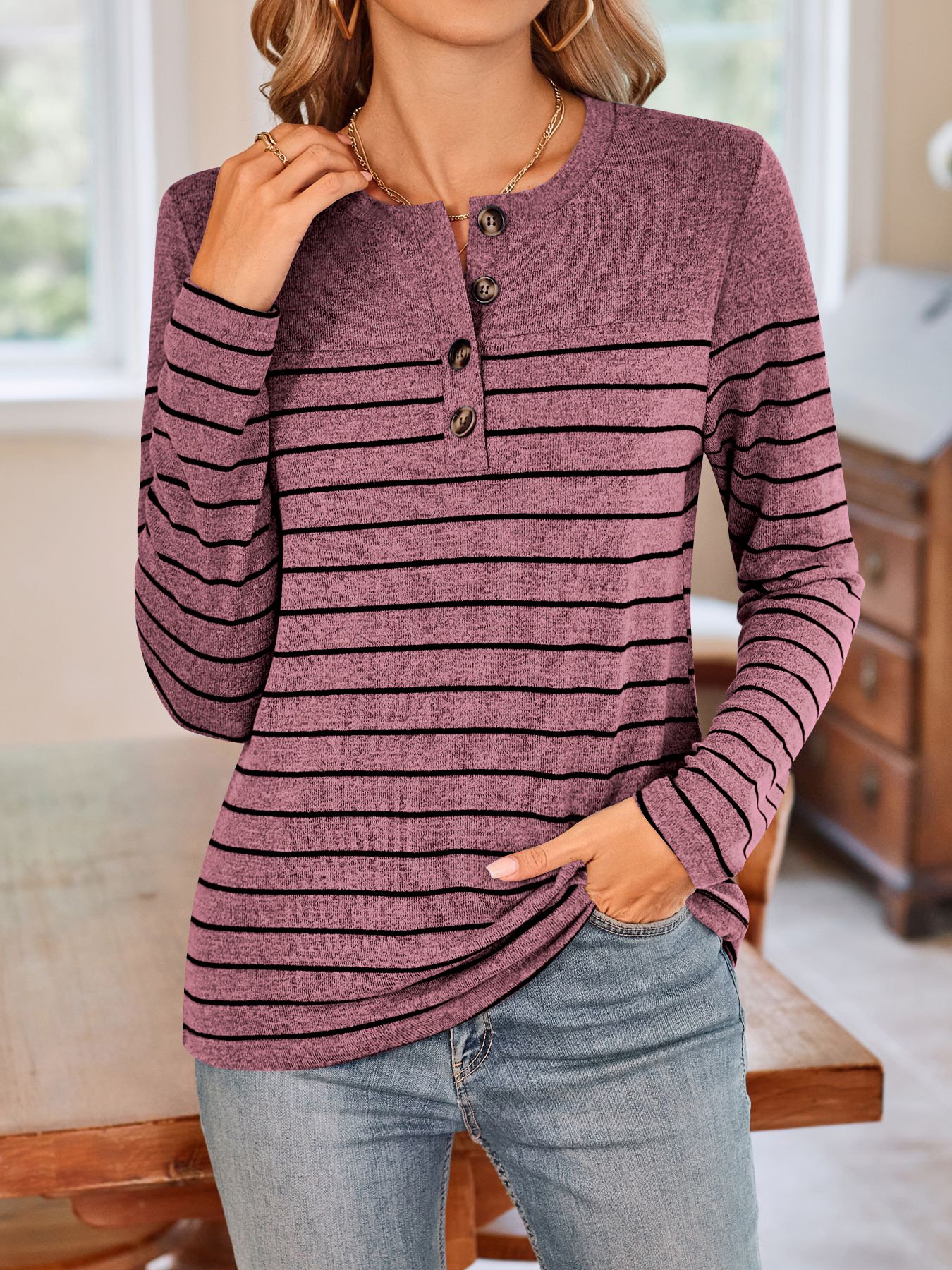 Women Striped Crew Neck Casual Long Sleeve T-shirt