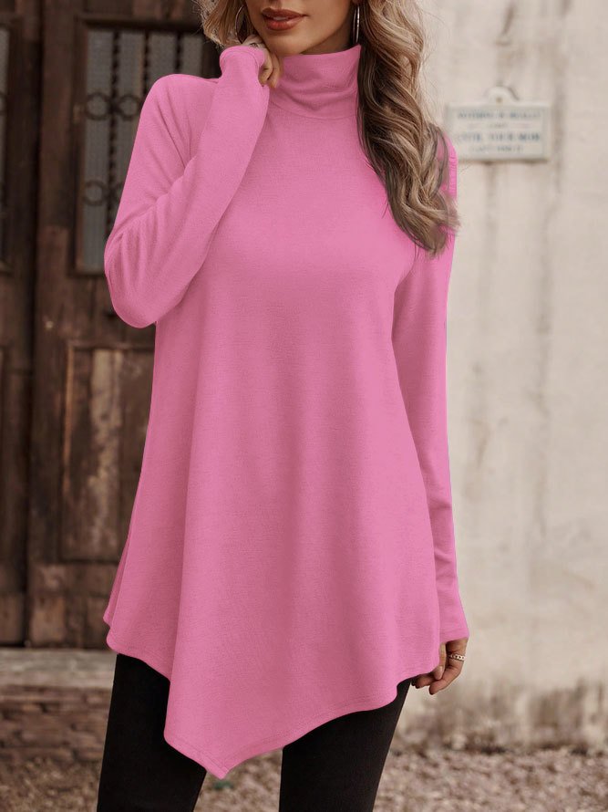 Women Plain Turtleneck Casual Long Sleeve T-shirt