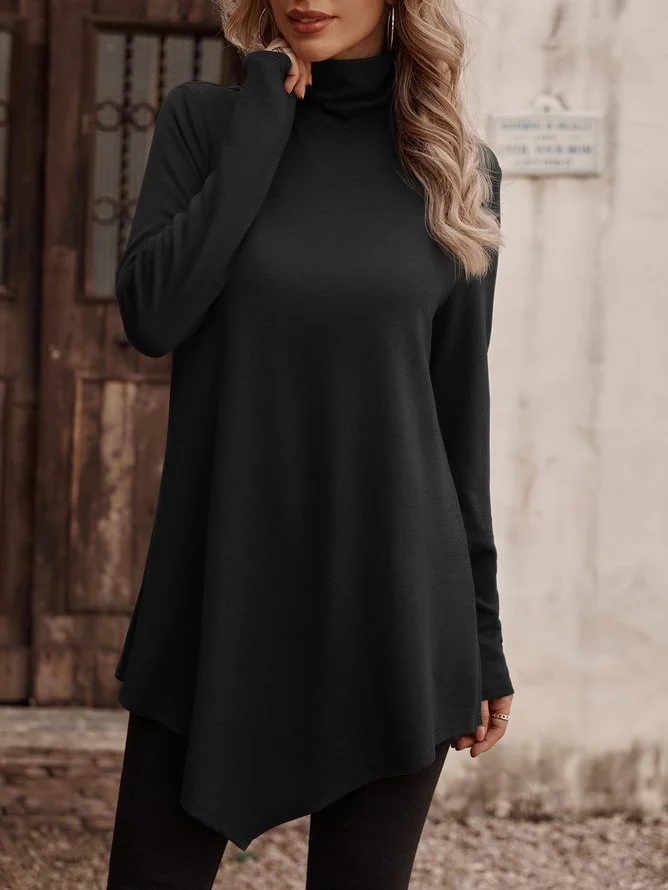 Women Plain Turtleneck Casual Long Sleeve T-shirt