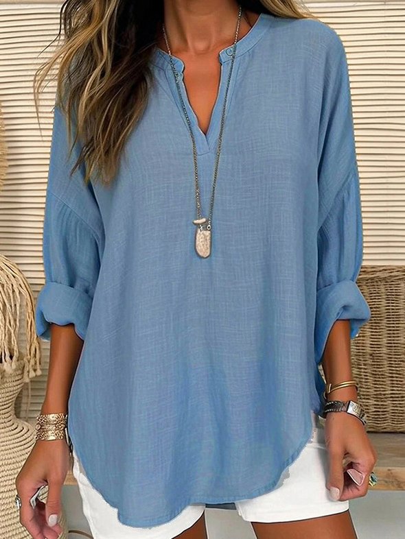 Loose Plain Notched Casual Blouse