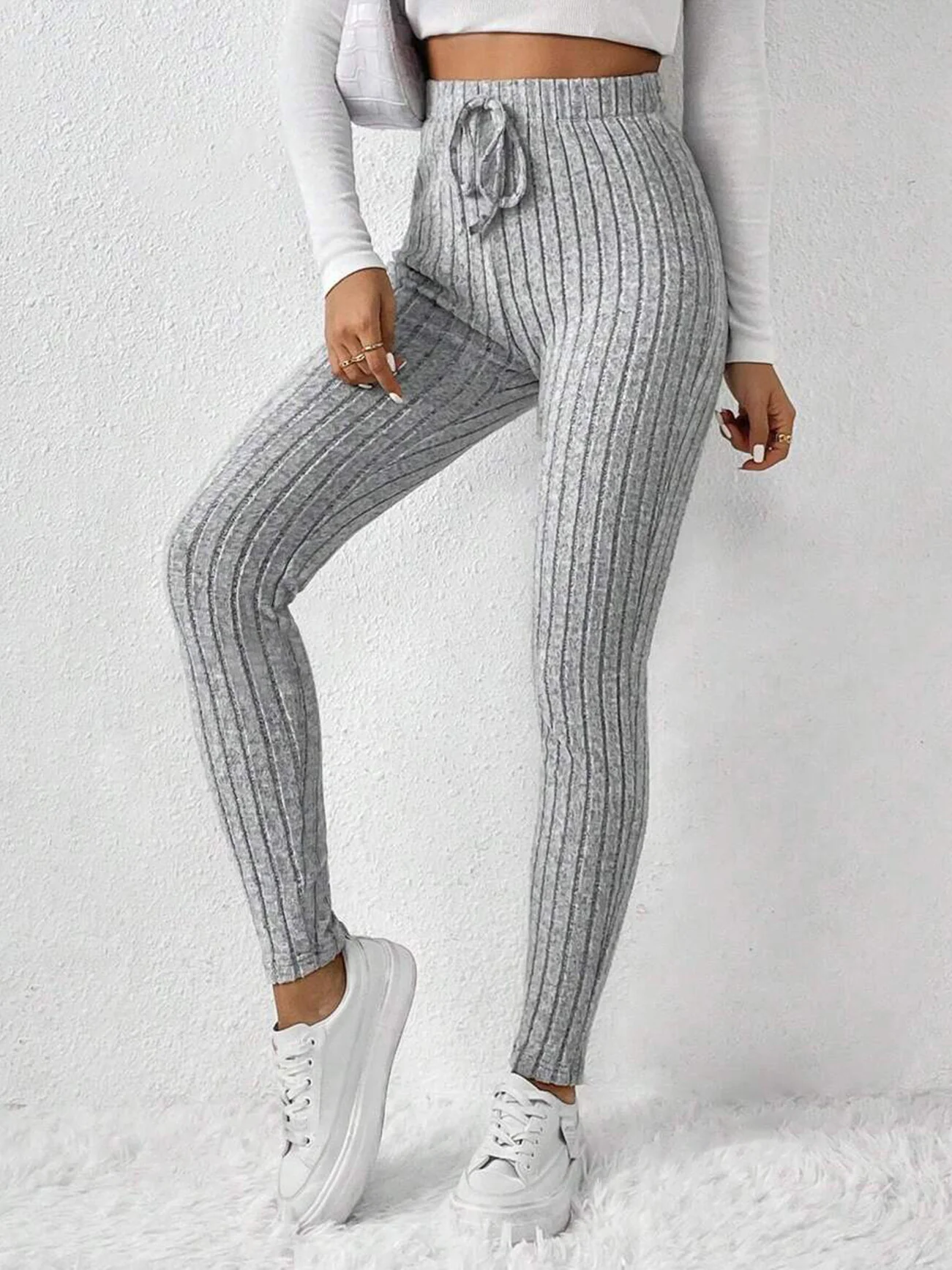 Casual Plain Ribbing Tight Leggings