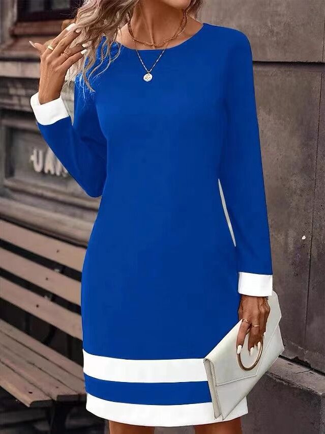 Knitted Contrast Stitching Crew Neck Casual Dress