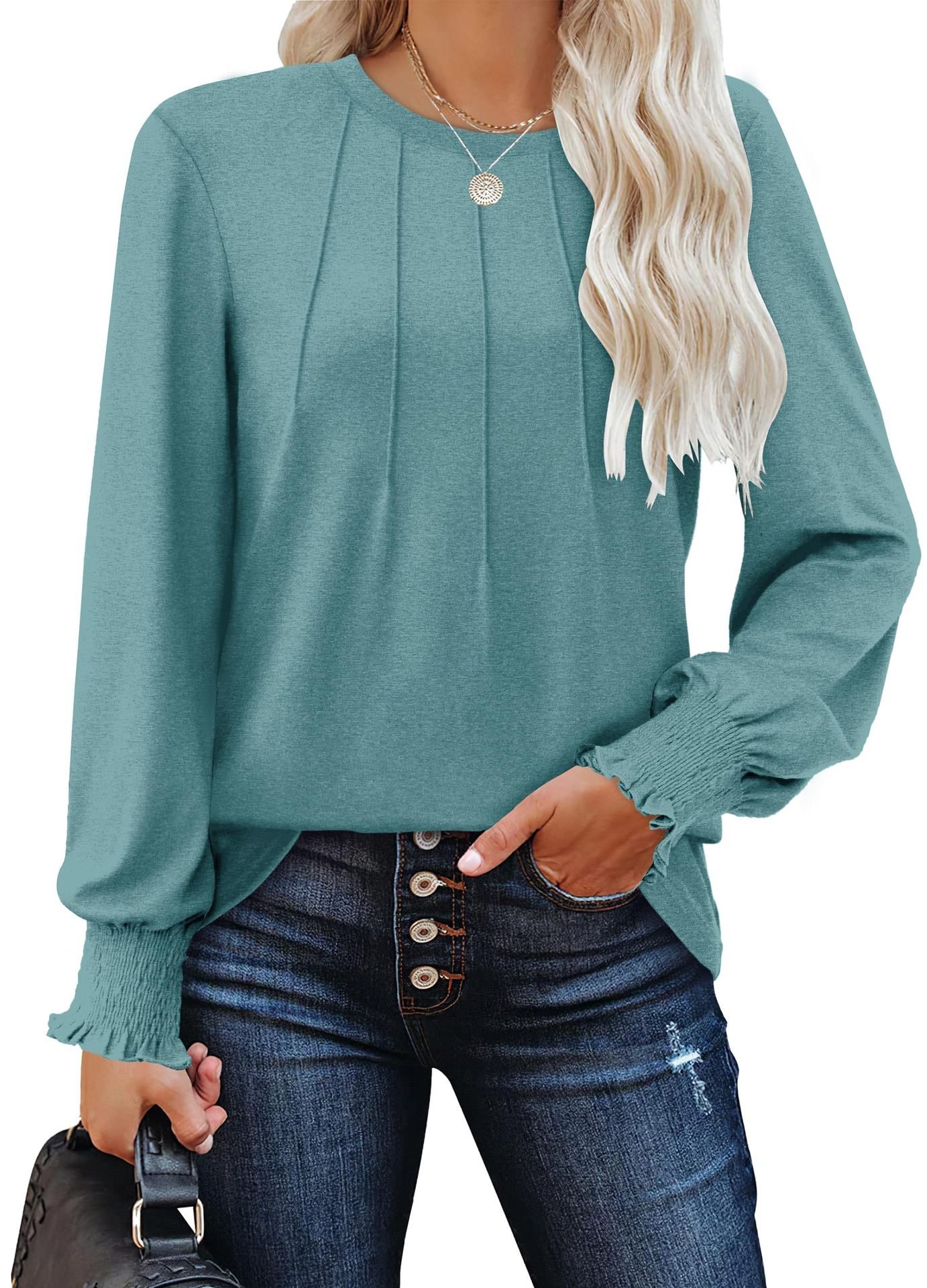 Women Plain Crew Neck Casual Long Sleeve T-shirt