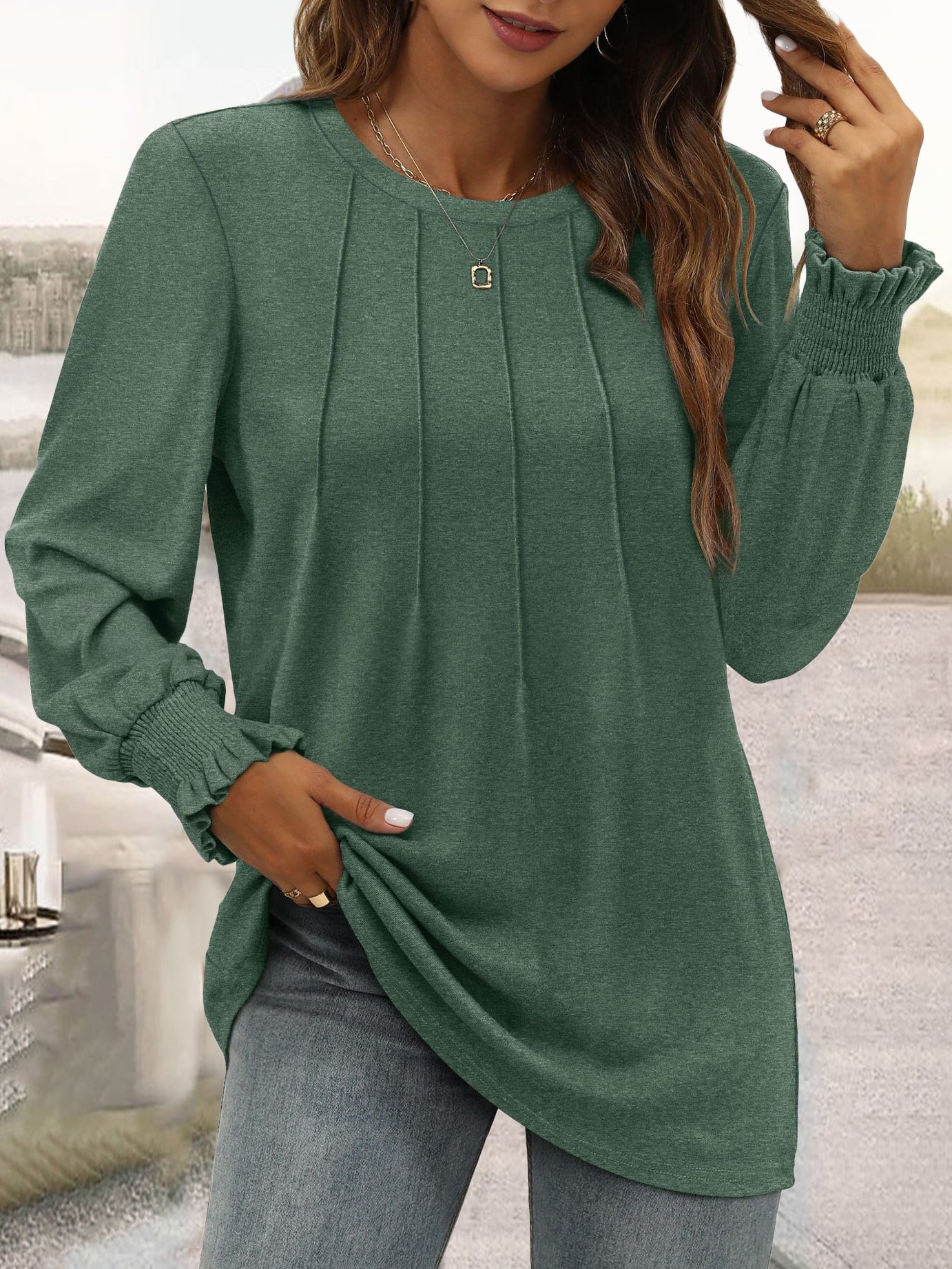 Women Plain Crew Neck Casual Long Sleeve T-shirt