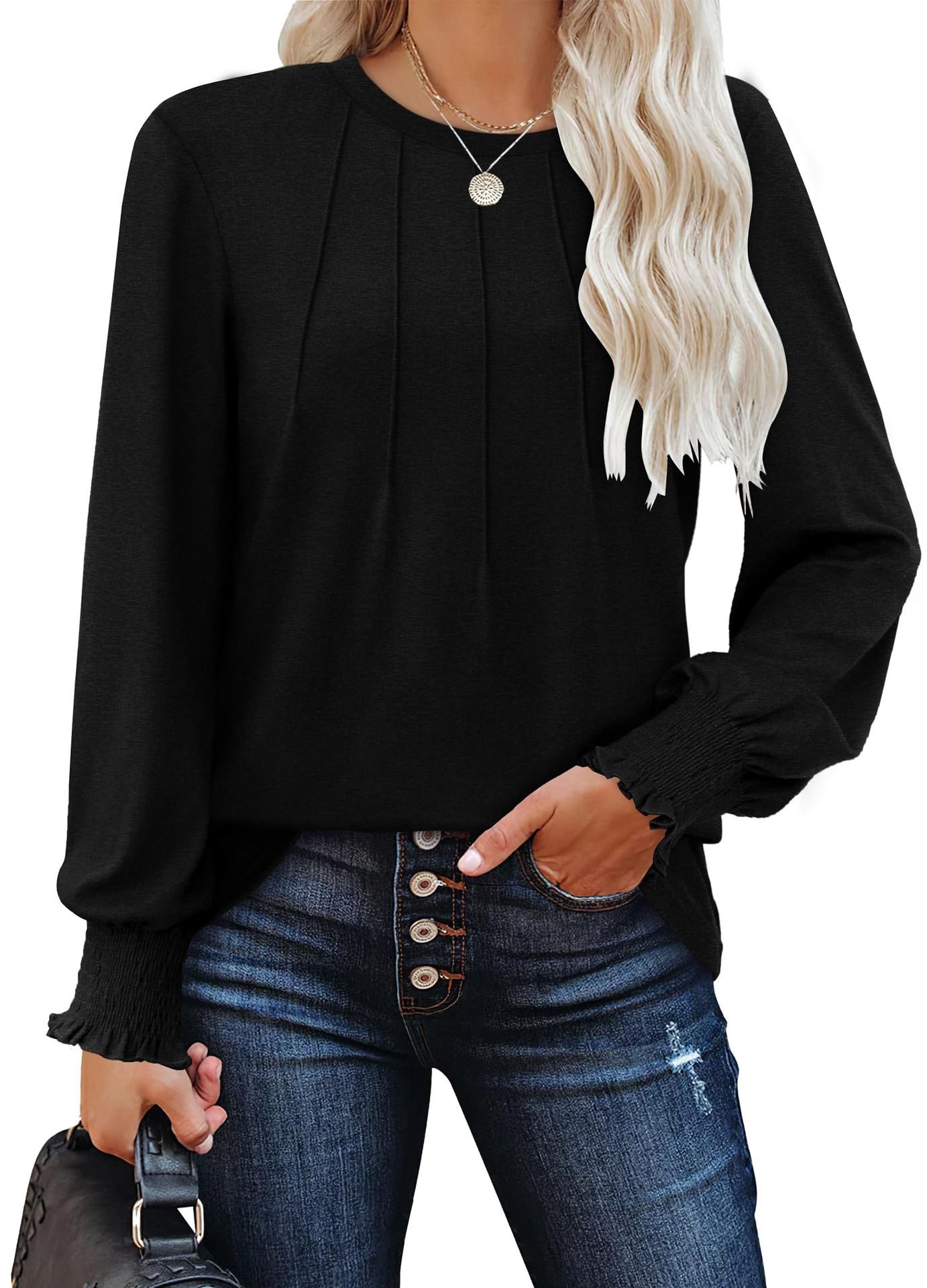 Women Plain Crew Neck Casual Long Sleeve T-shirt