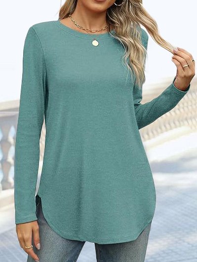 Women Plain Crew Neck Casual Long Sleeve T-shirt