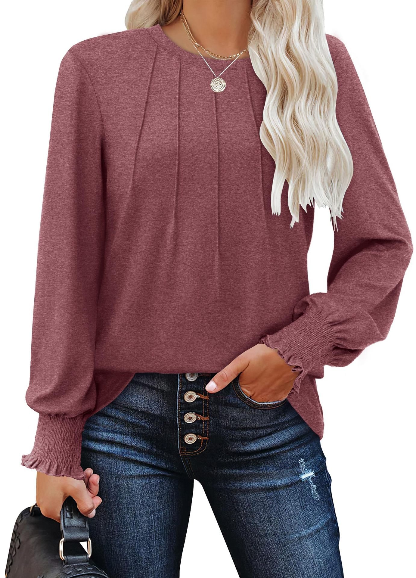 Women Plain Crew Neck Casual Long Sleeve T-shirt