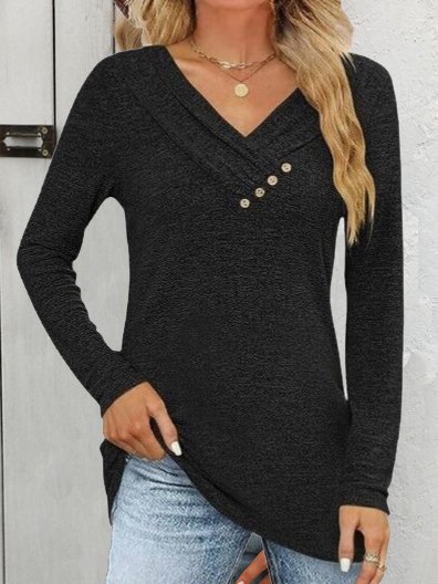 Women Plain V Neck Casual Long Sleeve T-shirt