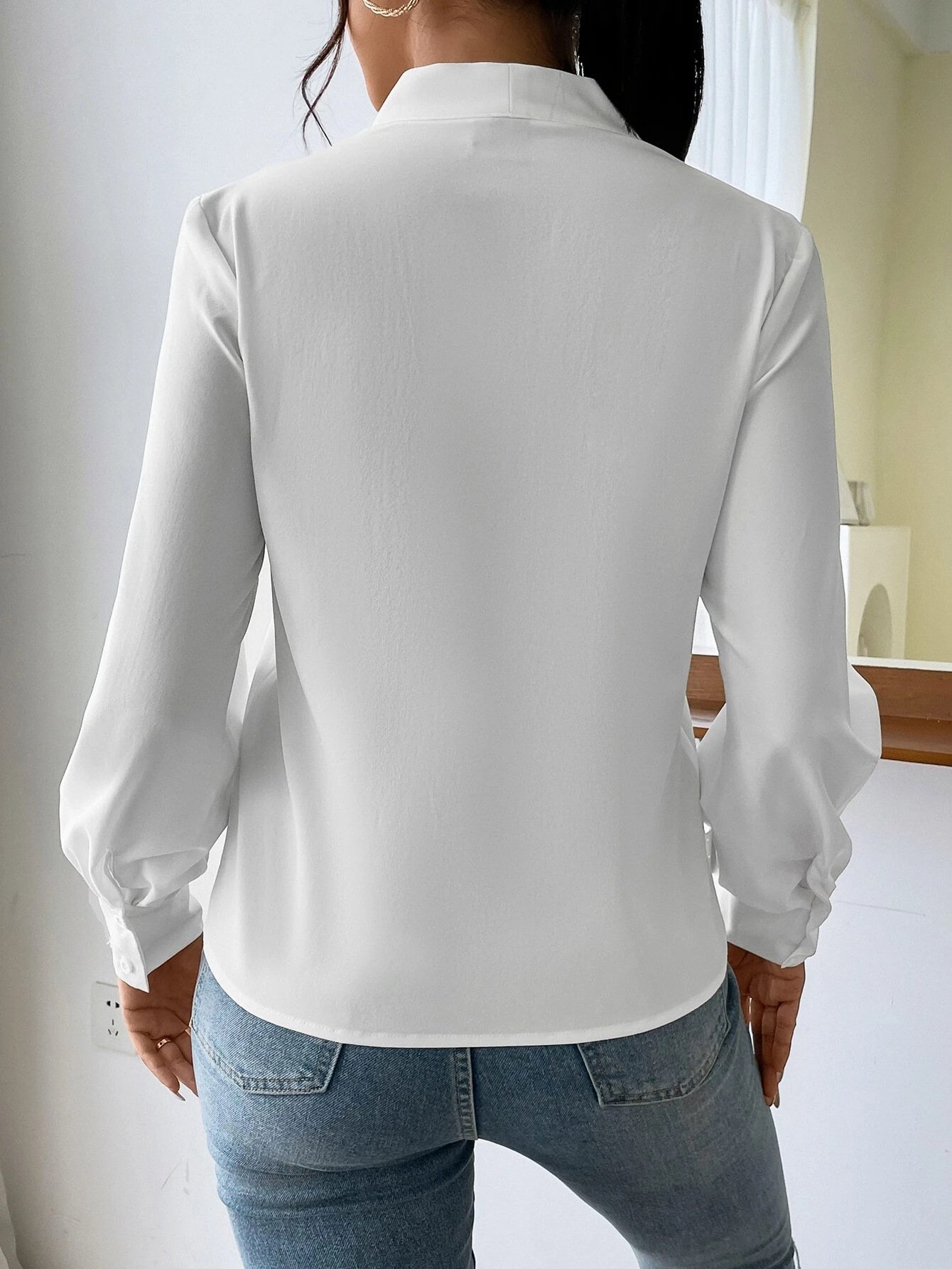 Women's Long Sleeve Blouse Spring/Fall Off White Plain V Neck Daily Going Out Casual Top