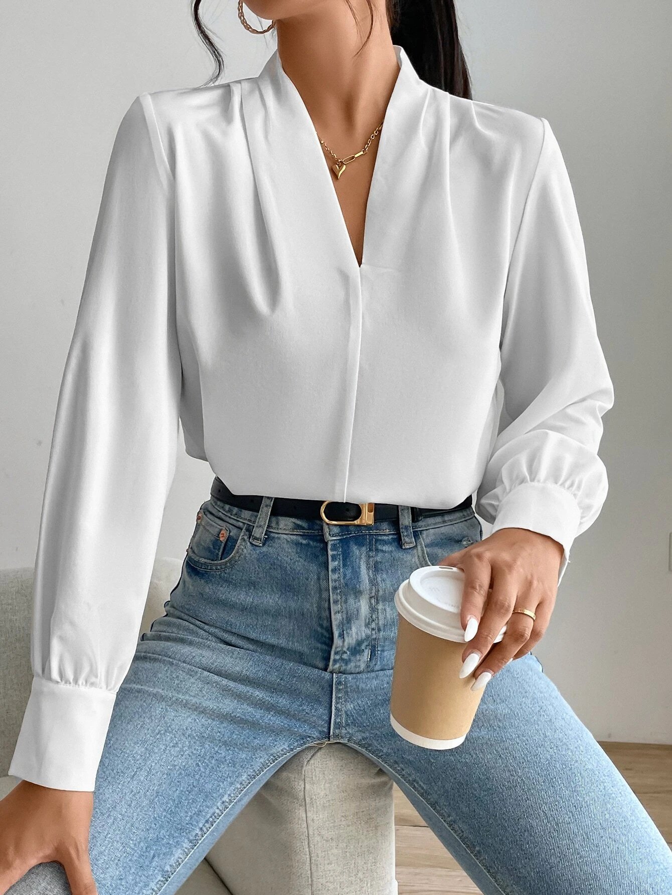 Women's Long Sleeve Blouse Spring/Fall Off White Plain V Neck Daily Going Out Casual Top