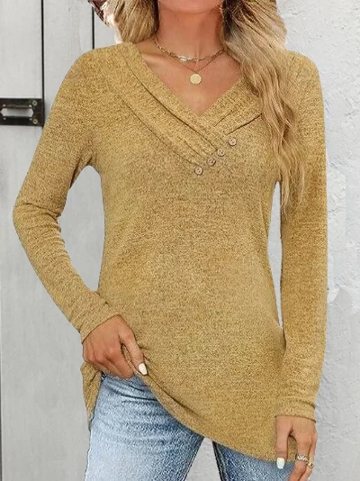 Women Plain V Neck Casual Long Sleeve T-shirt