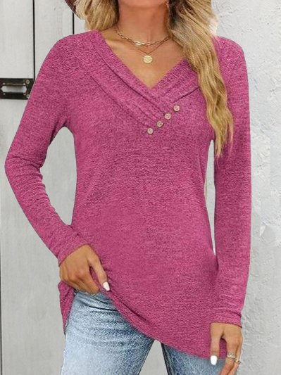 Women Plain V Neck Casual Long Sleeve T-shirt