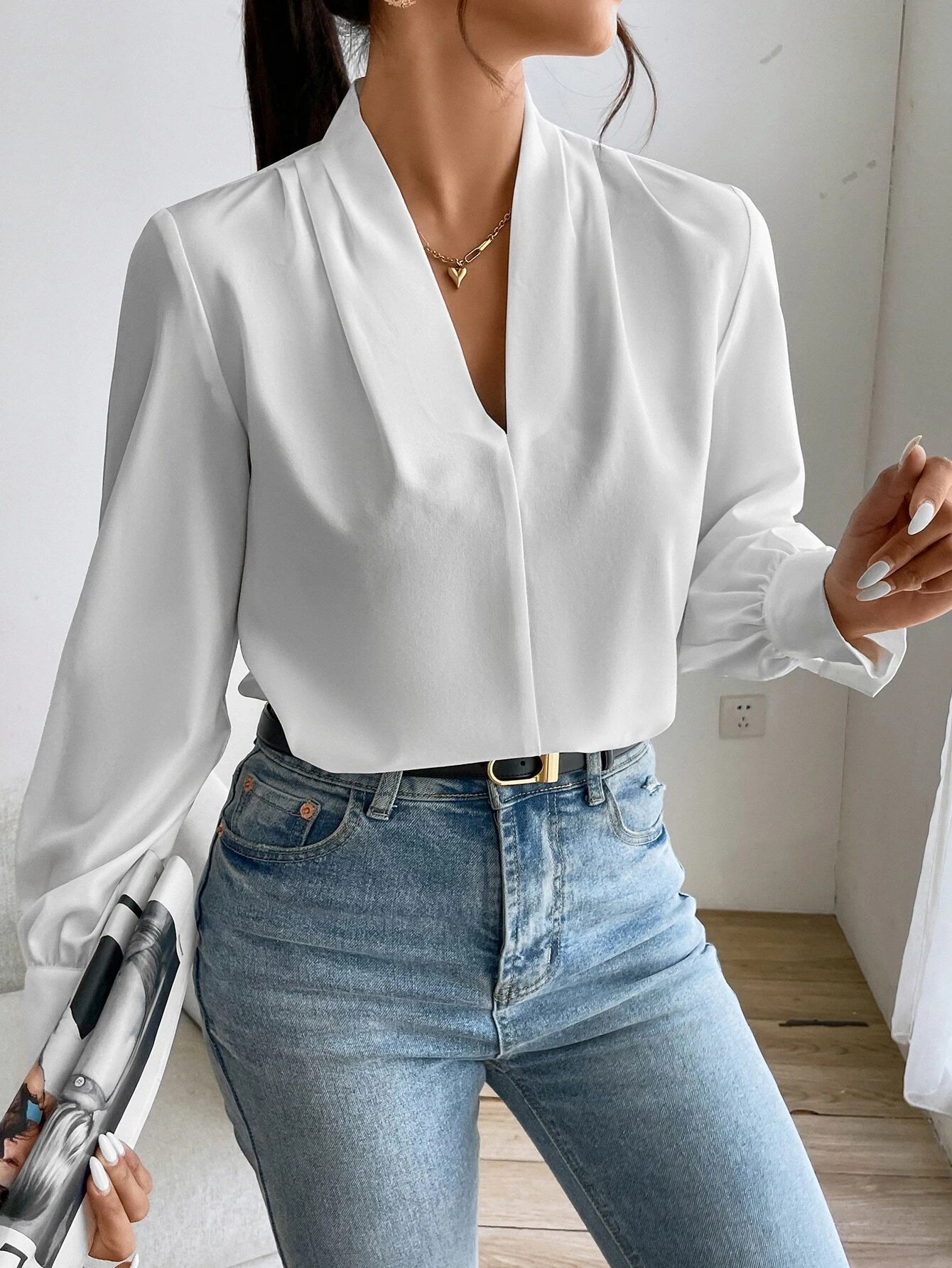 Women's Long Sleeve Blouse Spring/Fall Off White Plain V Neck Daily Going Out Casual Top