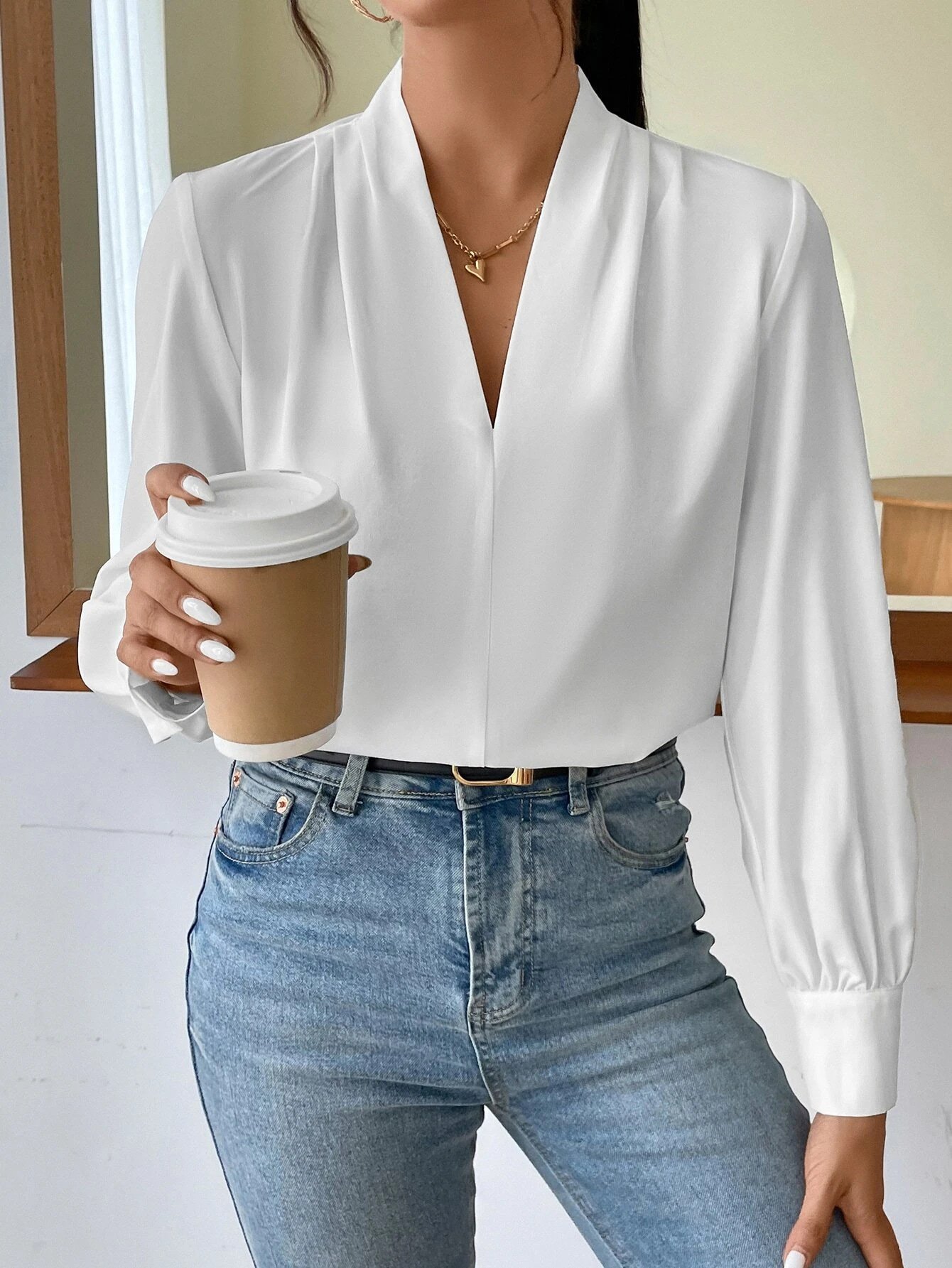 Women's Long Sleeve Blouse Spring/Fall Off White Plain V Neck Daily Going Out Casual Top