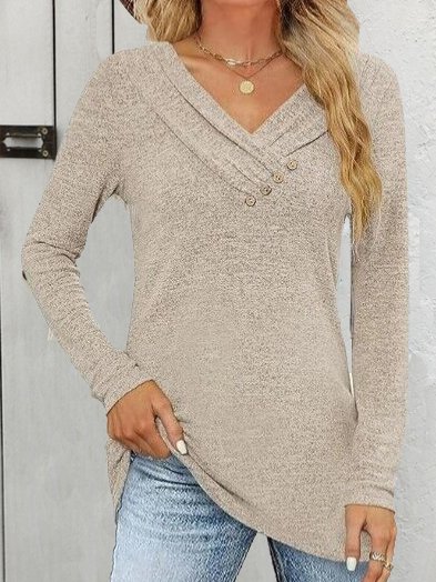 Women Plain V Neck Casual Long Sleeve T-shirt