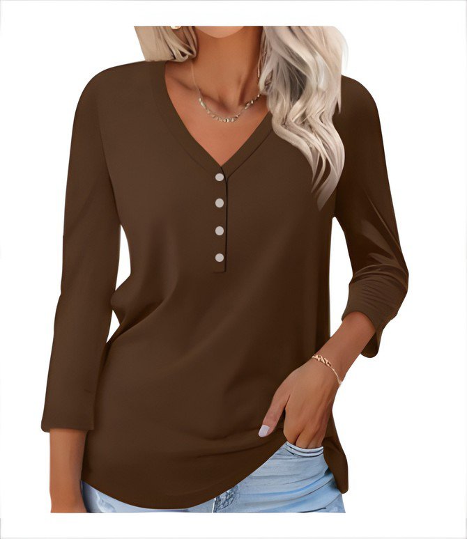 Women Plain V Neck Casual Long Sleeve T-shirt