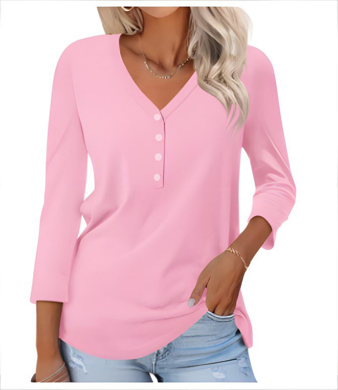 Women Plain V Neck Casual Long Sleeve T-shirt