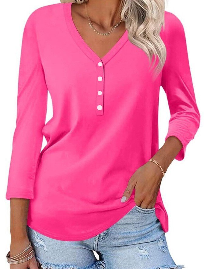 Women Plain V Neck Casual Long Sleeve T-shirt