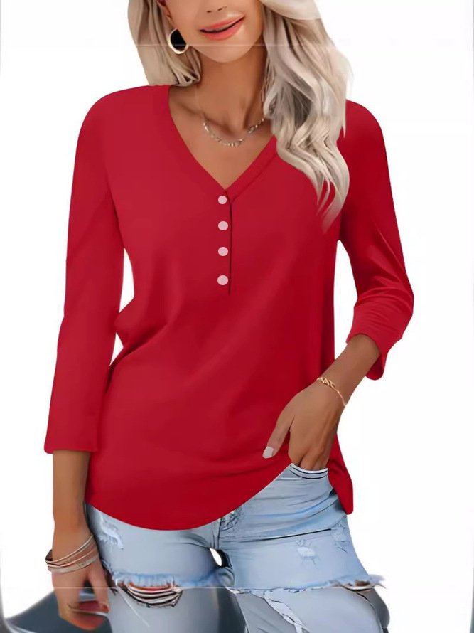 Women Plain V Neck Casual Long Sleeve T-shirt