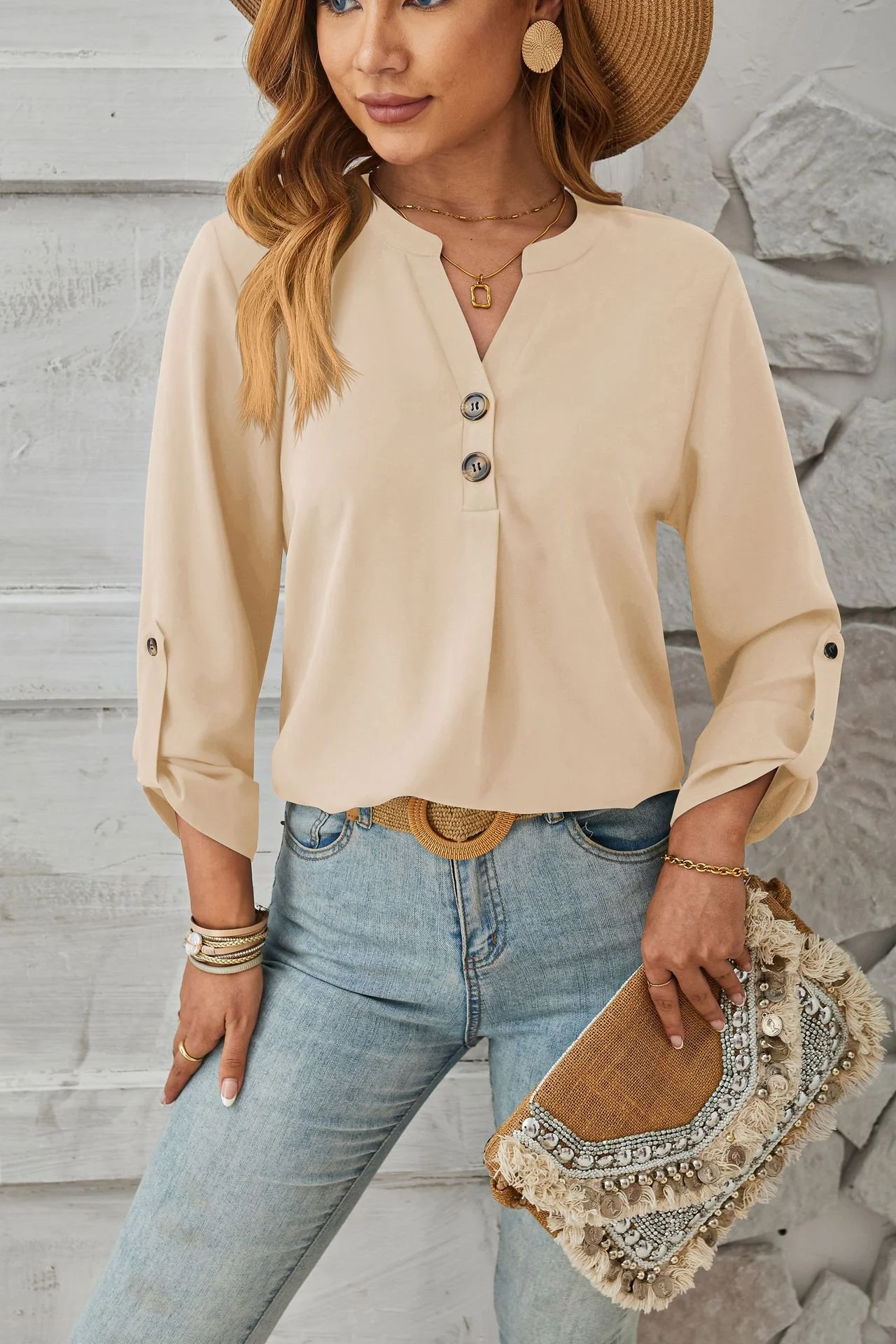 Women's Long Sleeve Blouse Spring/Fall Apricot Plain Buckle Crew Neck Daily Going Out Casual Top