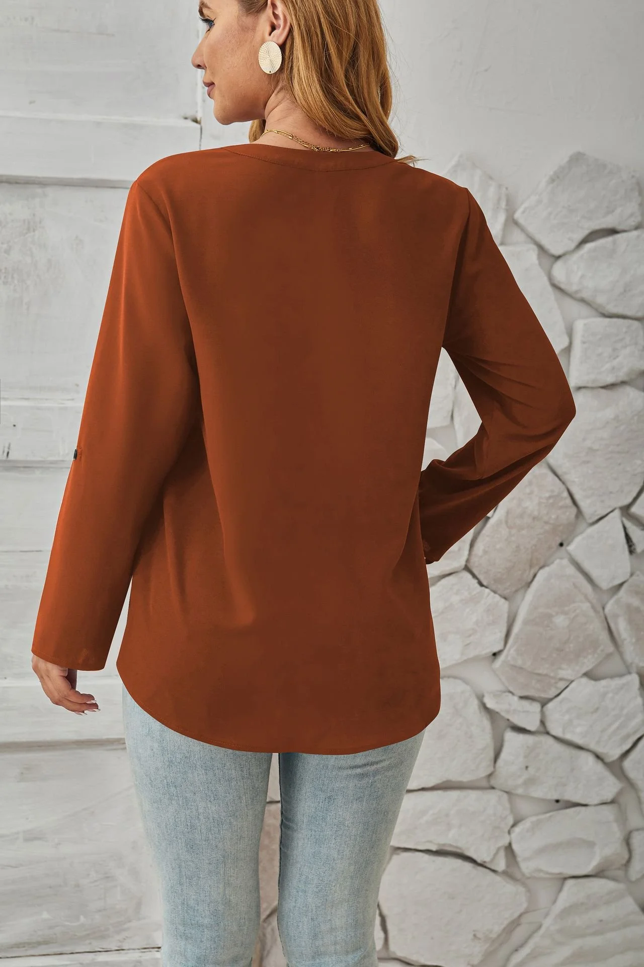 Women's Long Sleeve Blouse Spring/Fall Apricot Plain Buckle Crew Neck Daily Going Out Casual Top