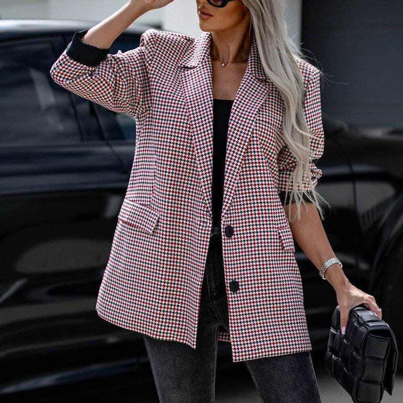 Loose Houndstooth Lapel Collar Casual Blazer