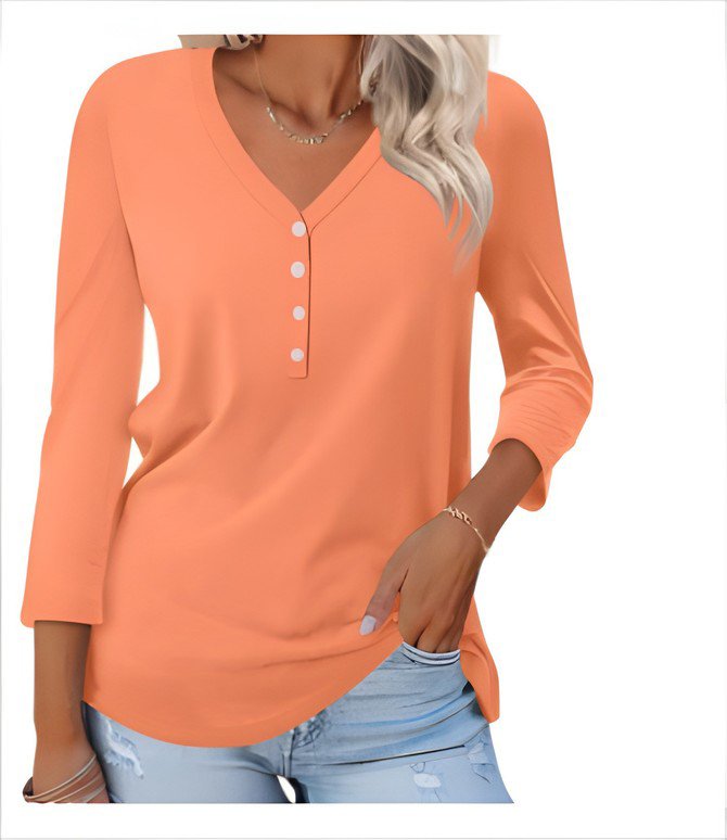 Women Plain V Neck Casual Long Sleeve T-shirt