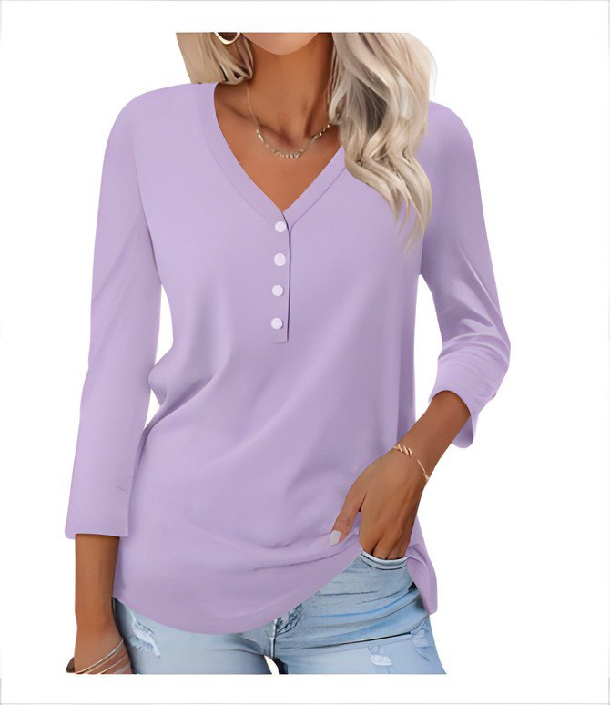 Women Plain V Neck Casual Long Sleeve T-shirt