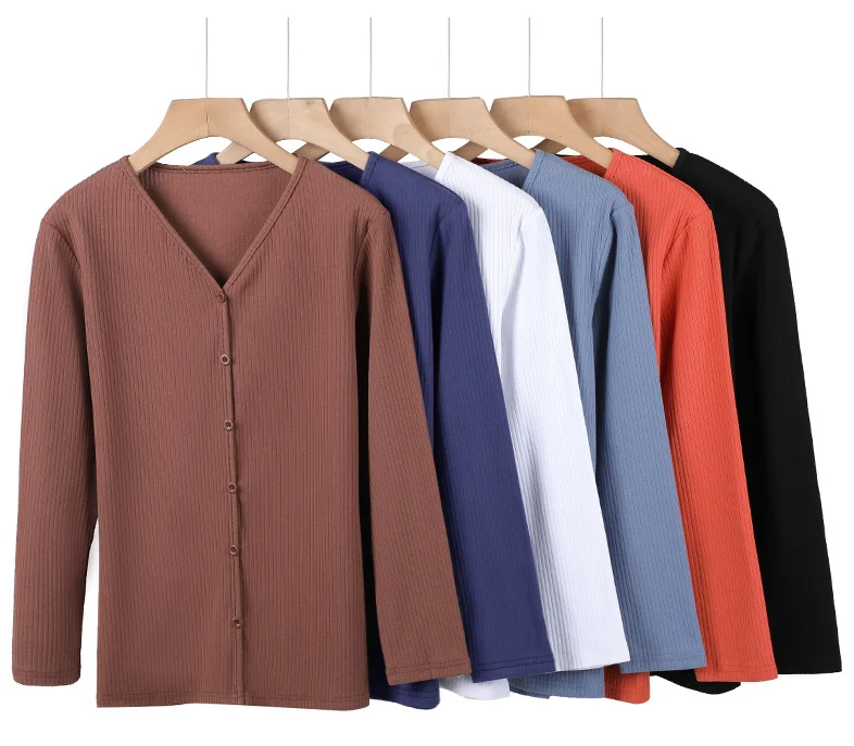 Women Plain V Neck Casual Long Sleeve T-shirt