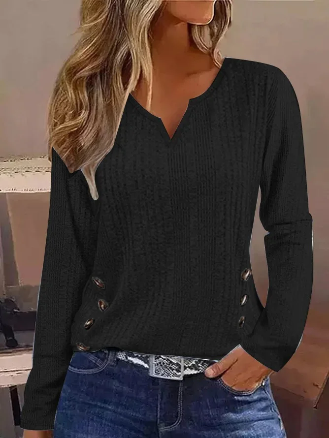 Women Plain Notched Casual Long Sleeve T-shirt