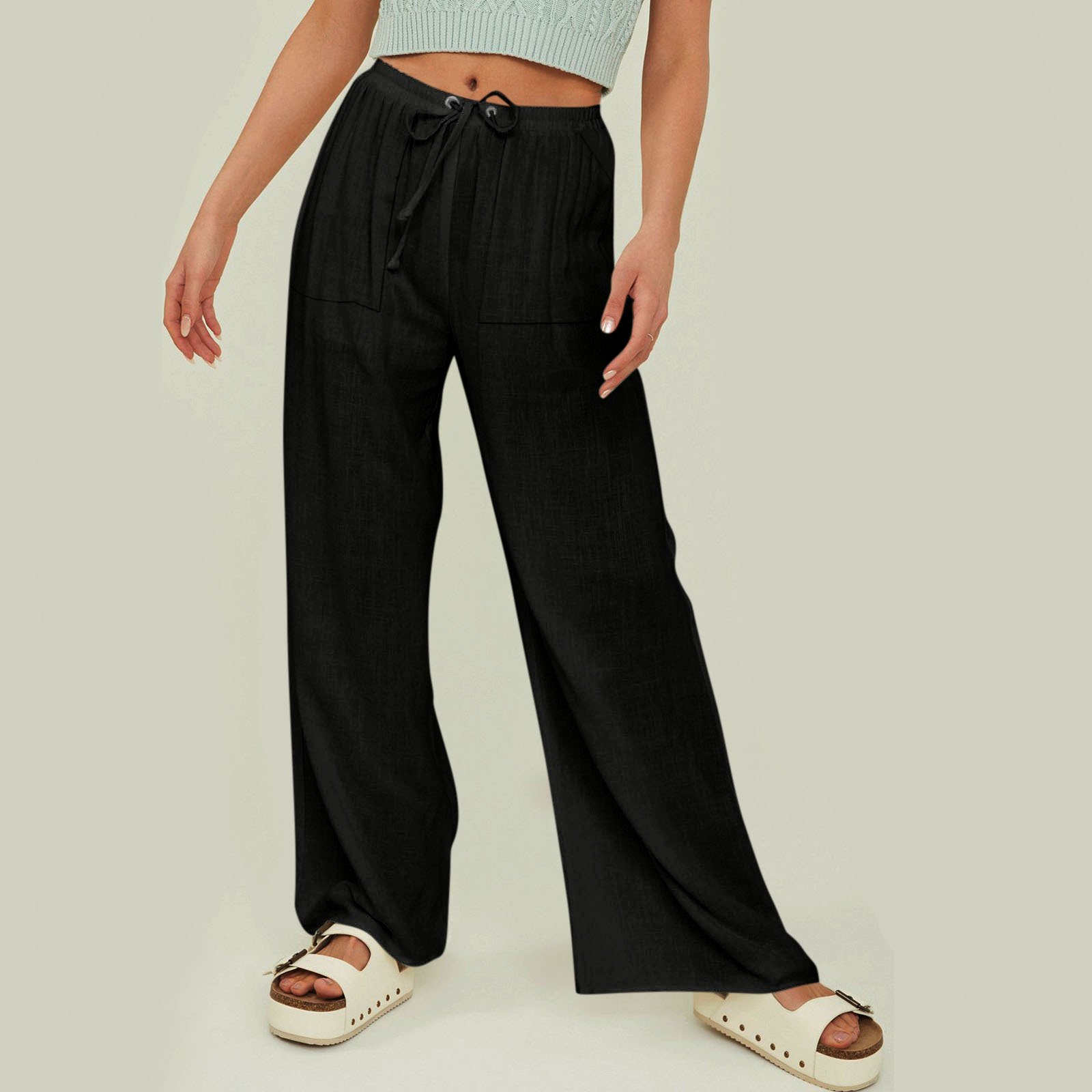 Women's  Elastic Waist H-Line Straight Pants Daily Going Out Pants Black Casual Plain Spring/Fall Pants