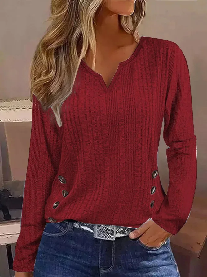 Women Plain Notched Casual Long Sleeve T-shirt