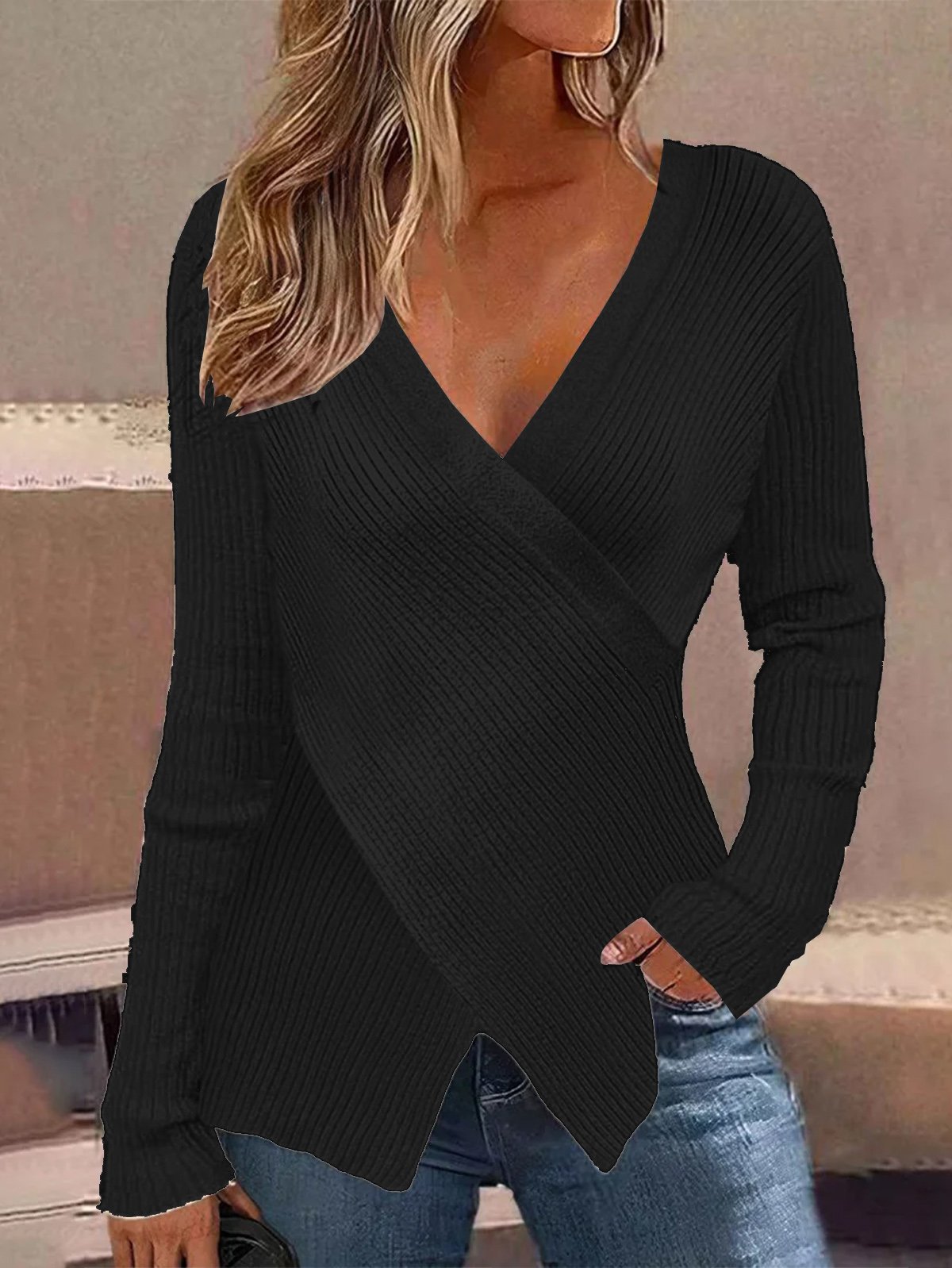 Cross Neck Plain Cross Casual Sweater