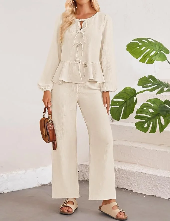 Women's Bow Plain Daily Going Out Two-Piece Set Apricot Casual Spring/Fall Top With Pants Matching Set