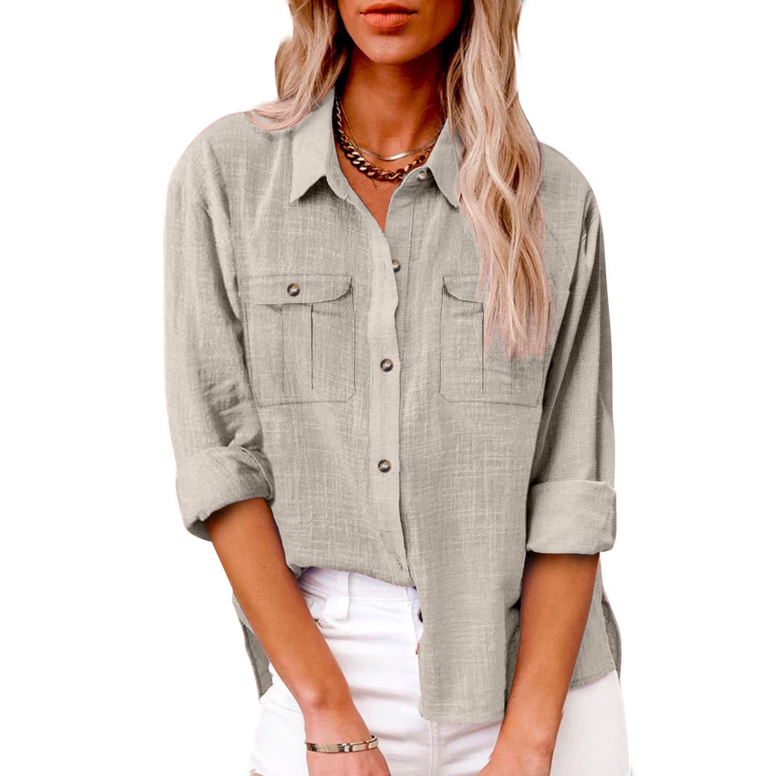 Women's Long Sleeve Blouse Spring/Fall Gray Plain Buckle Shirt Collar Daily Going Out Casual Top