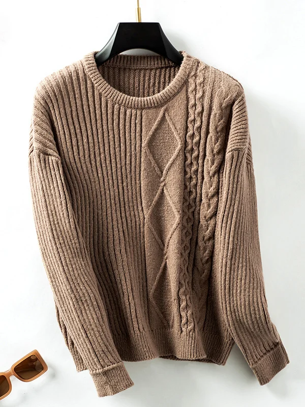 Casual Loose Yarn/Wool Yarn Crew Neck Sweater