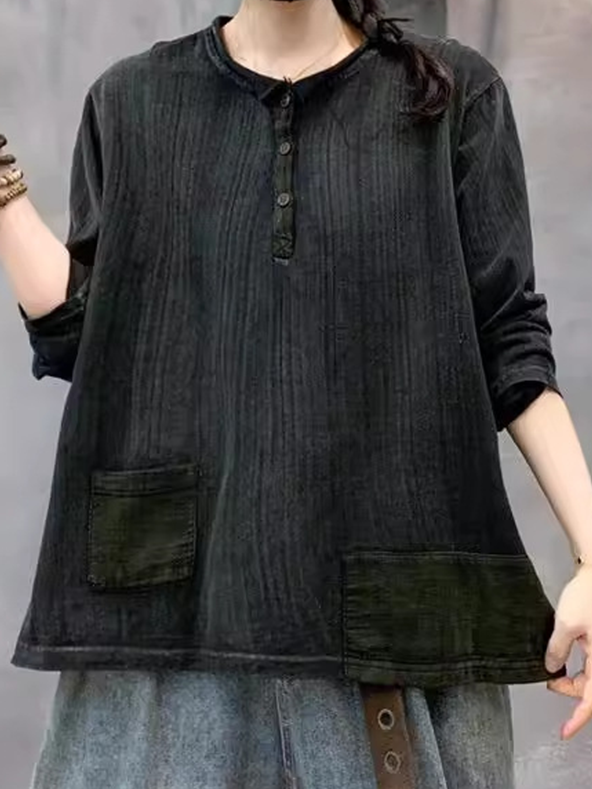 Women Plain Crew Neck Linen Long Sleeve T-shirt