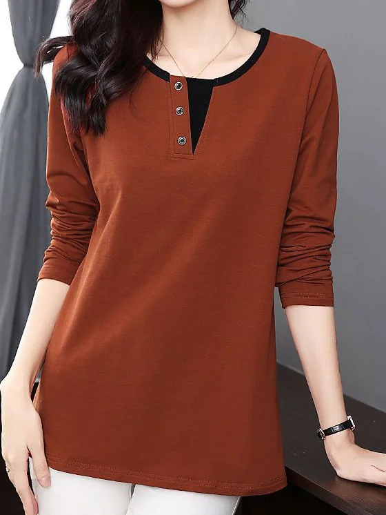 Women Plain Crew Neck Casual Long Sleeve T-shirt