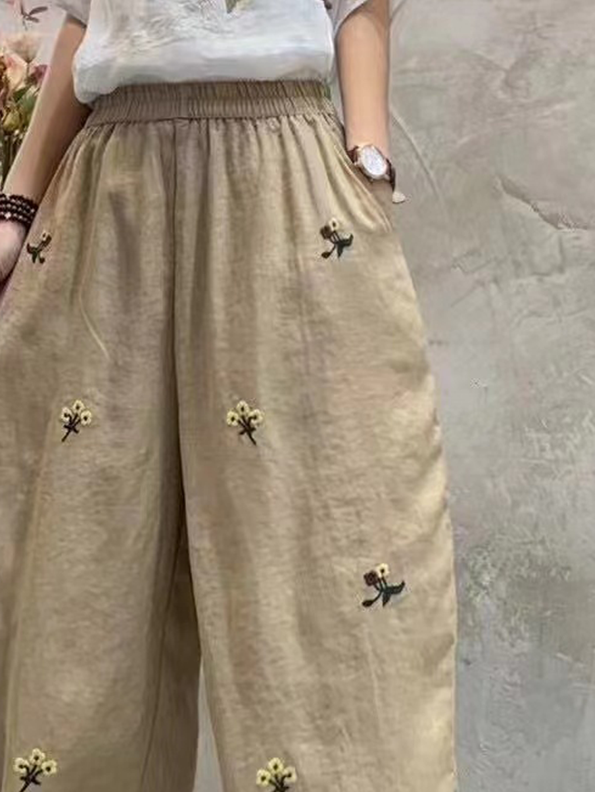 Cotton And Linen Floral Loose Linen Pants