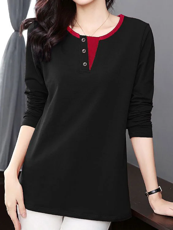 Women Plain Crew Neck Casual Long Sleeve T-shirt