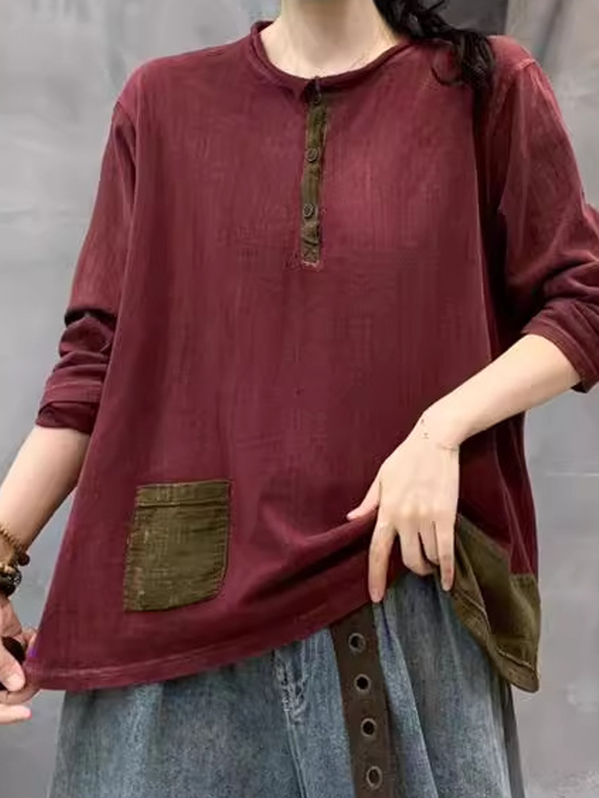 Women Plain Crew Neck Linen Long Sleeve T-shirt