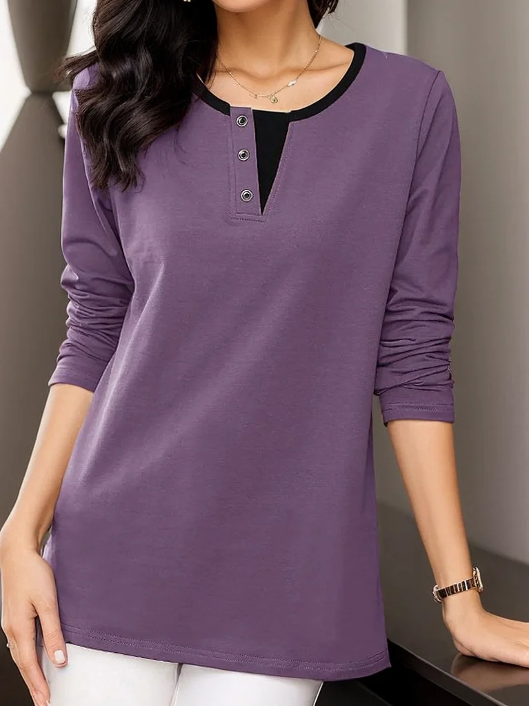 Women Plain Crew Neck Casual Long Sleeve T-shirt