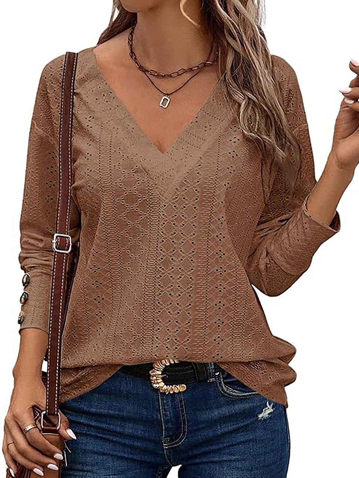 Women Plain V Neck Casual Long Sleeve T-shirt