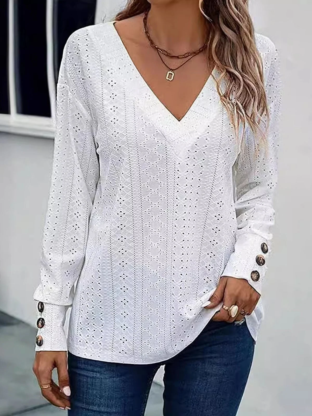 Women Plain V Neck Casual Long Sleeve T-shirt