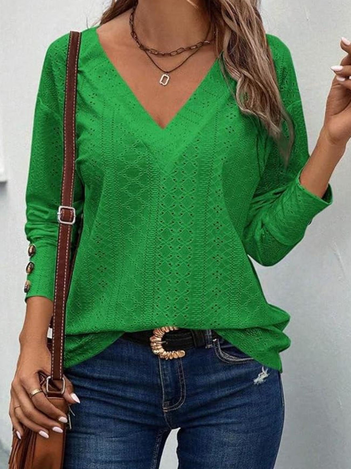 Women Plain V Neck Casual Long Sleeve T-shirt