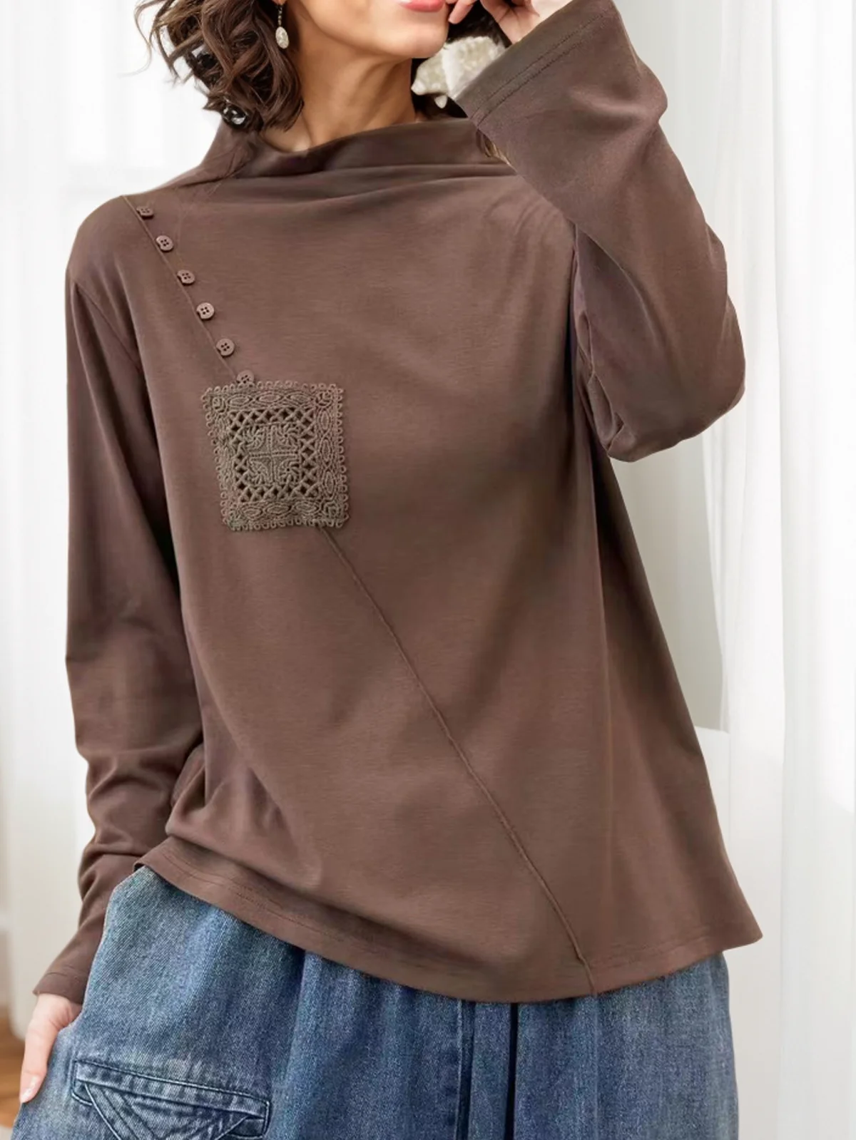 Women Plain Crew Neck Linen Long Sleeve T-shirt