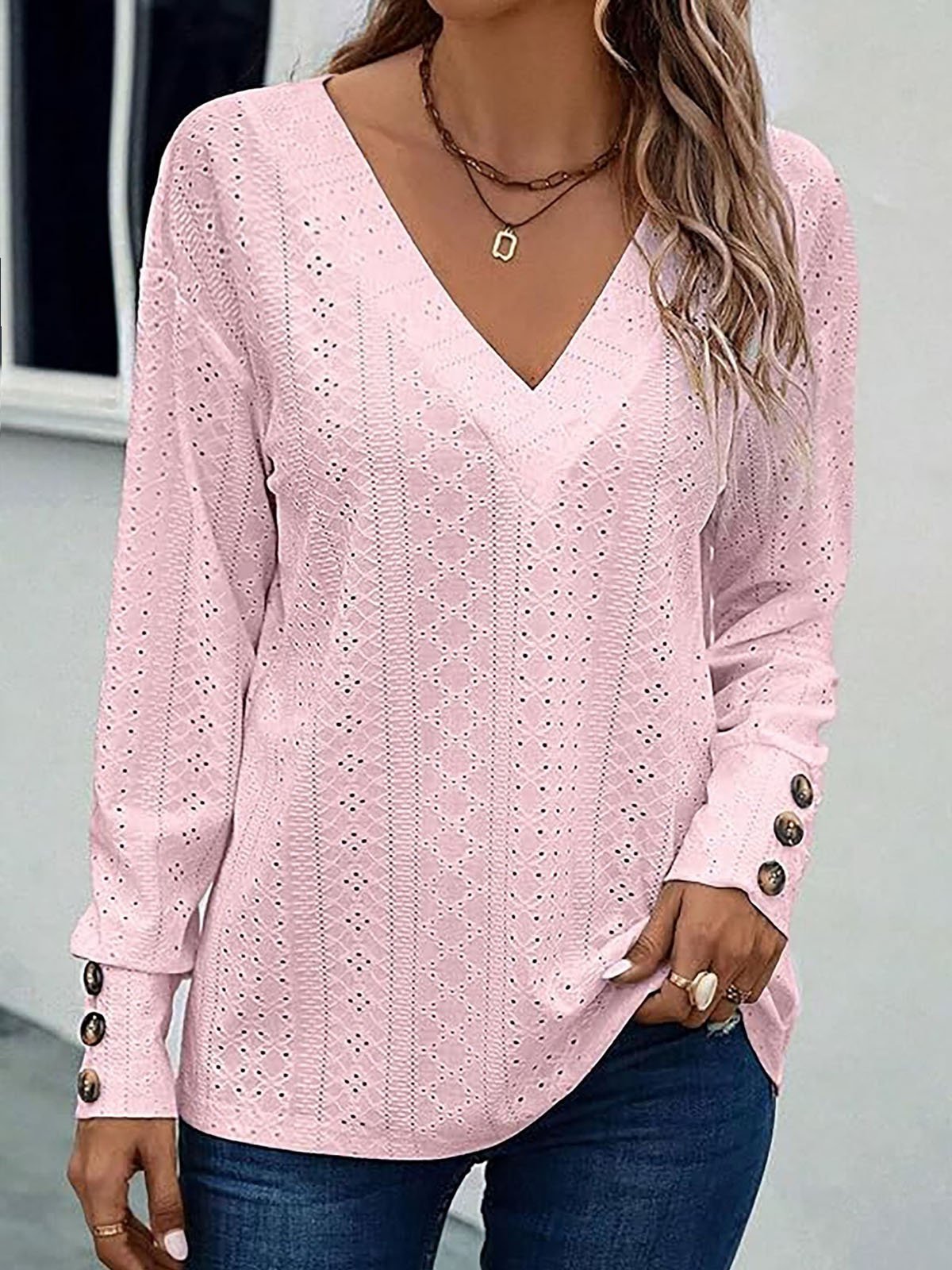 Women Plain V Neck Casual Long Sleeve T-shirt