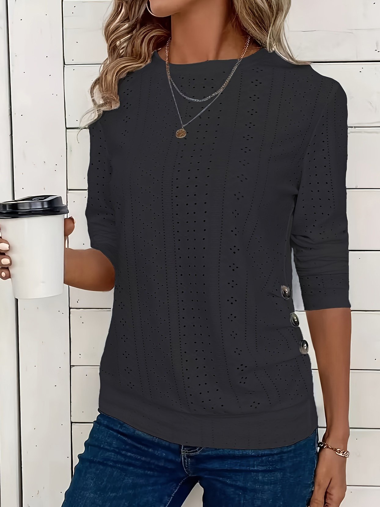 Women Plain Crew Neck Casual Long Sleeve T-shirt