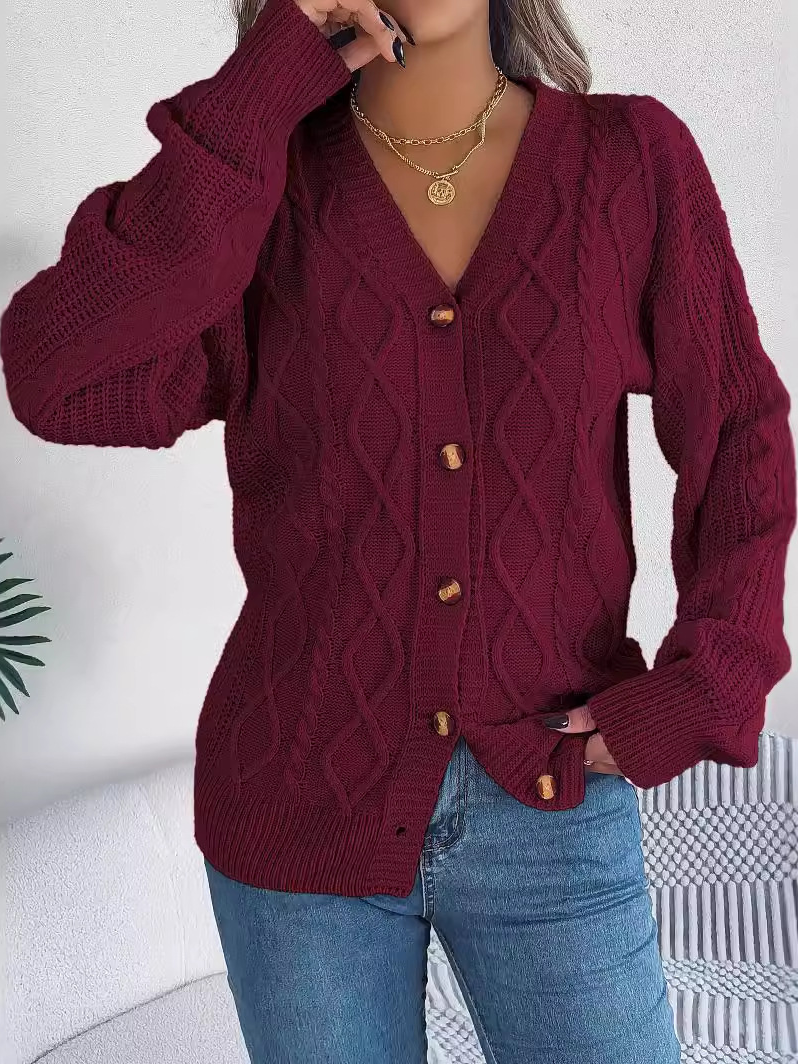 Casual Buckle Wool/Knitting V Neck Cardigan